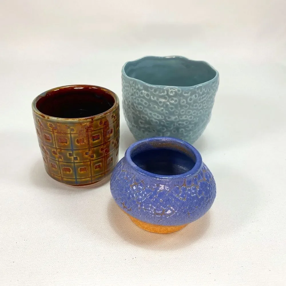 Lot of 3 Small Pottery Vases, 2 Blue VTG '73 , 1 Brown Pier One, Textured 2